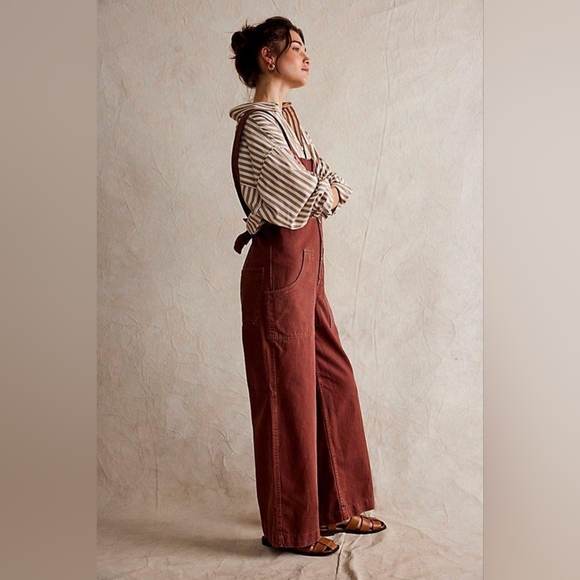 We The Free Fields Of Flowers Wide-Leg Overalls-Mocha {NWT} - Picture 3 of 8